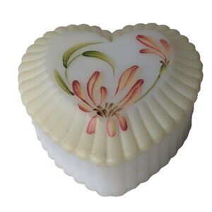 Vtg Fenton Heart Trinket Dish Lidded Lavender White Satin Hand Painted Signed
